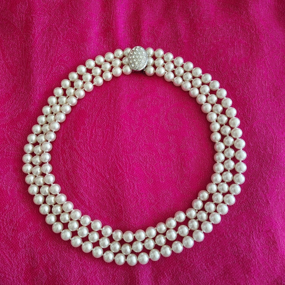 Gale Grant NY, Cassic Triple-Strand White SimulatePearl Necklace with Pave Clasp